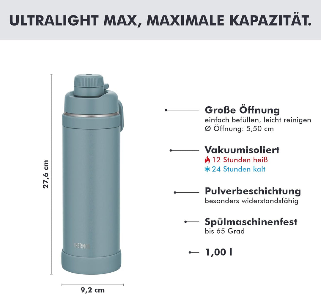 THERMOS ULTRALIGHT MAX Isolier-Trinkflasche hellblau matt 1,0l, Thermosflasche für Sport, 24h kalt &