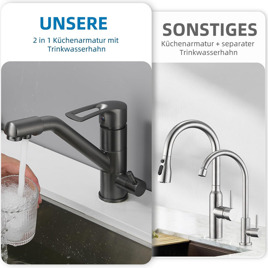 3-Wege-Küchenarmatur, 360° drehbarer Küchenarmatur, Spültischarmatur mit flexiblem Auslauf, G3/8 Zol