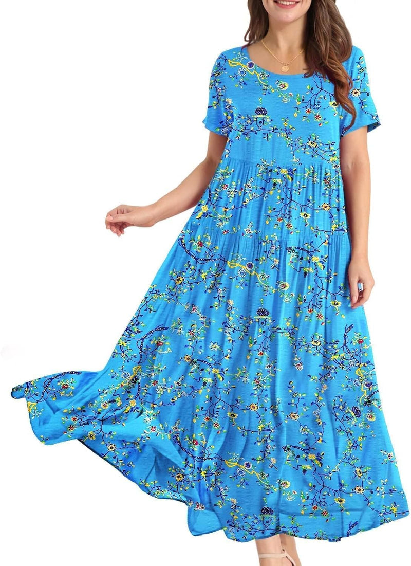 YESNO Damen Kleider Freizeit Lose Sommerkleid Lang Boho Maxikleid für Rundhals Strandkleid Blumenkle