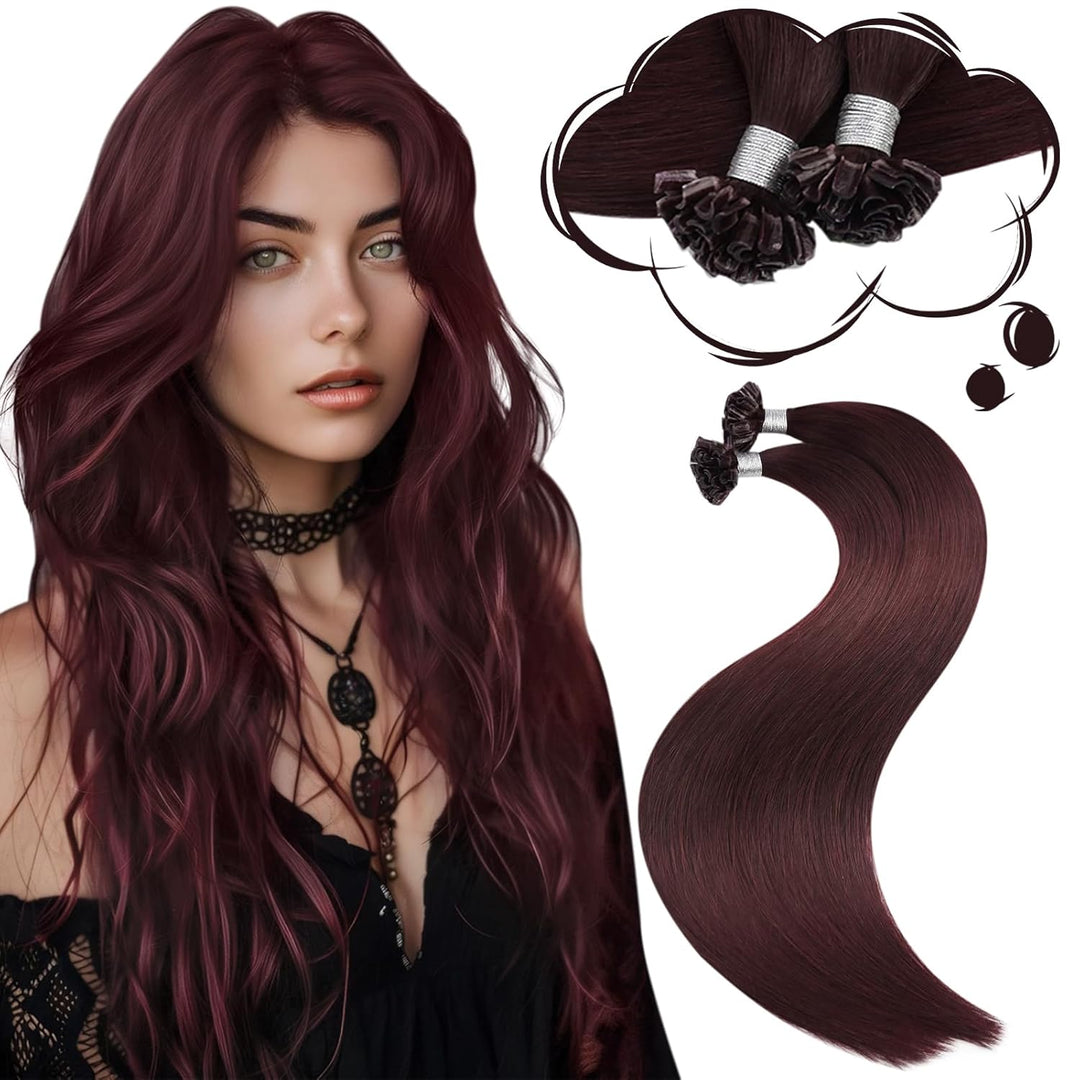 Moresoo 24 Zoll Weinrot Human Hair Bonding Extensions Echthaar Hot Fusion Utips Individuell Remy Ext