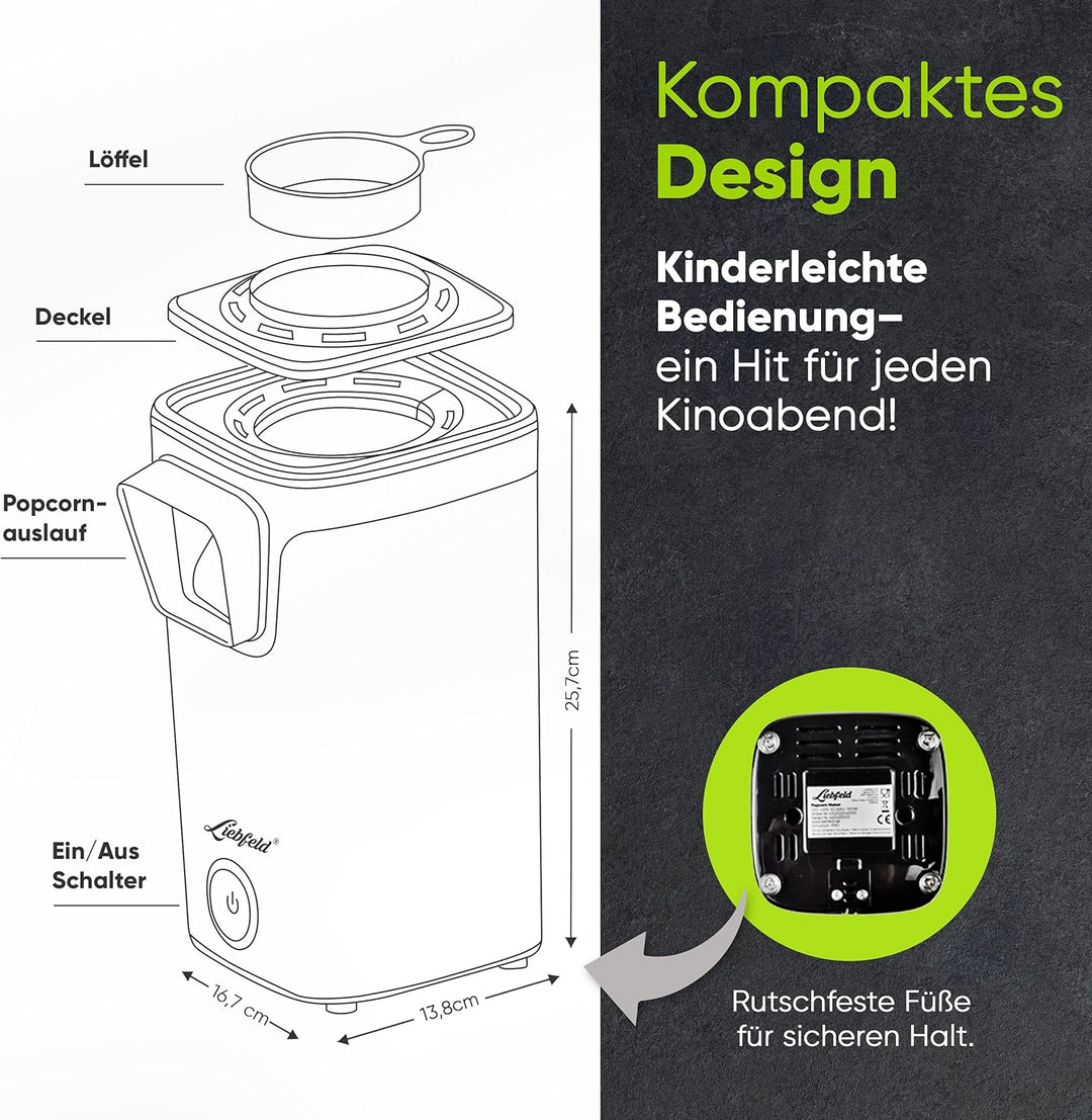 Liebfeld Popcornmaschine - Heissluft Popcorn Maker ohne Fett & Öl - Retro Küchen Gadget für Pop Mais