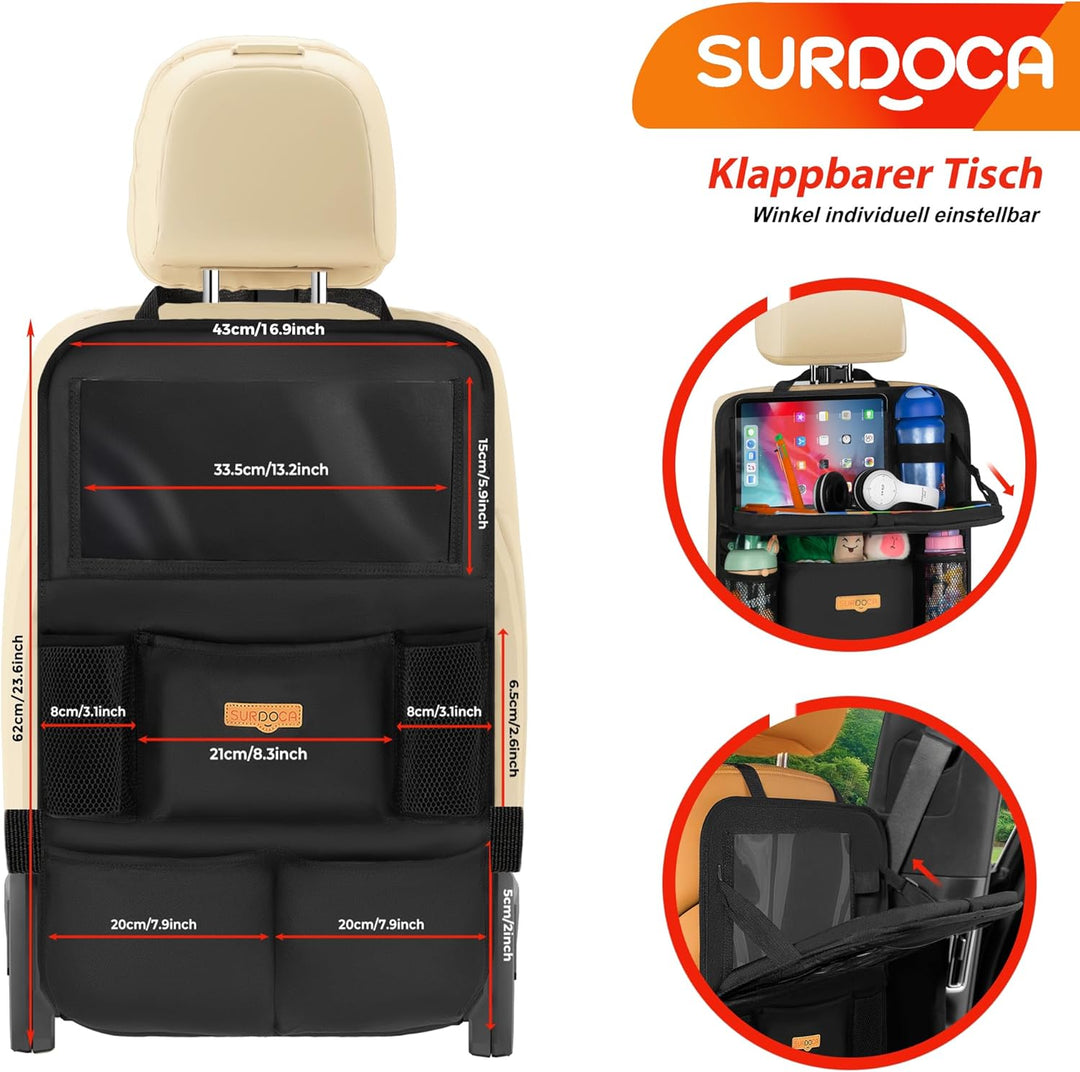 SURDOCA Auto Organizer Kinder mit Klapptisch – Rücksitz Organizer mit Touchscreen-Tabletfach, Wasser