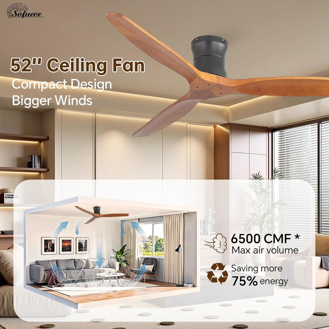 Sofucor Smart Deckenventilator mit Alexa/APP, 132cm Massivholz Deckenventilator mit Fernbedienung, W