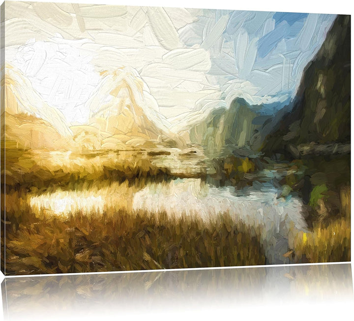 Pixxprint Milford Sound Neuseeland Kunst Pinsel Effekt, Format: 100x70 auf Leinwand, 100x70