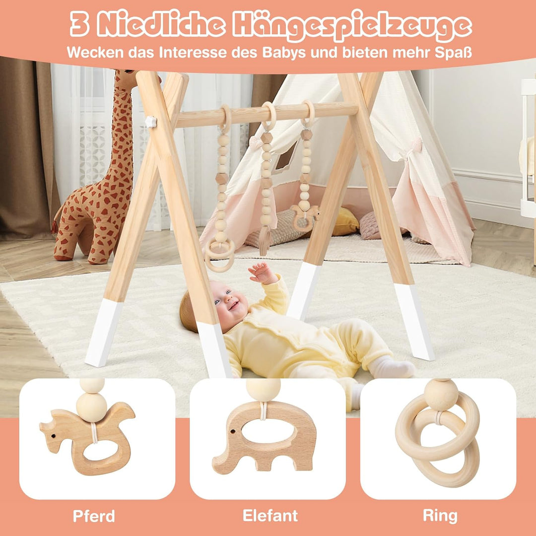 COSTWAY Baby Spielbogen Holz, Spieltrapez klappbar, Baby Gym mit 3 abnehmbaren Kinderspielzeugen, Sp