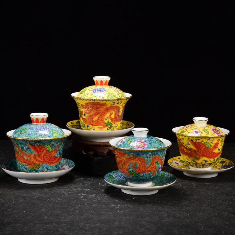 Emaille-Teetasse, Kung-Fu-Teetasse, traditionelles chinesisches Gaiwan-Porzellan, mit Deckel und Unt