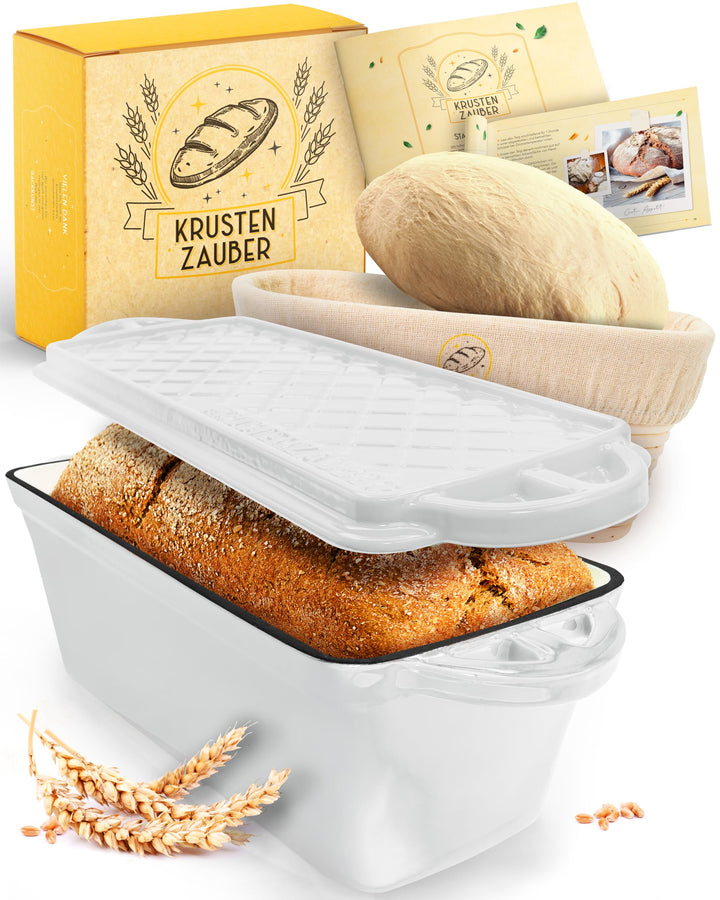 KRUSTENZAUBER Emaille Brotbackfrom mit Deckel inkl. Gärkorb - Robuste 28cm Backform aus Gusseisen -