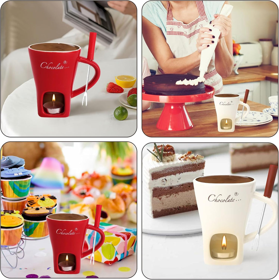 2PCS Schokofondue Tasse Keramik 130ML Schoko Fondue Cup mit Teelichthalter Gabeln Schokoladenfondue