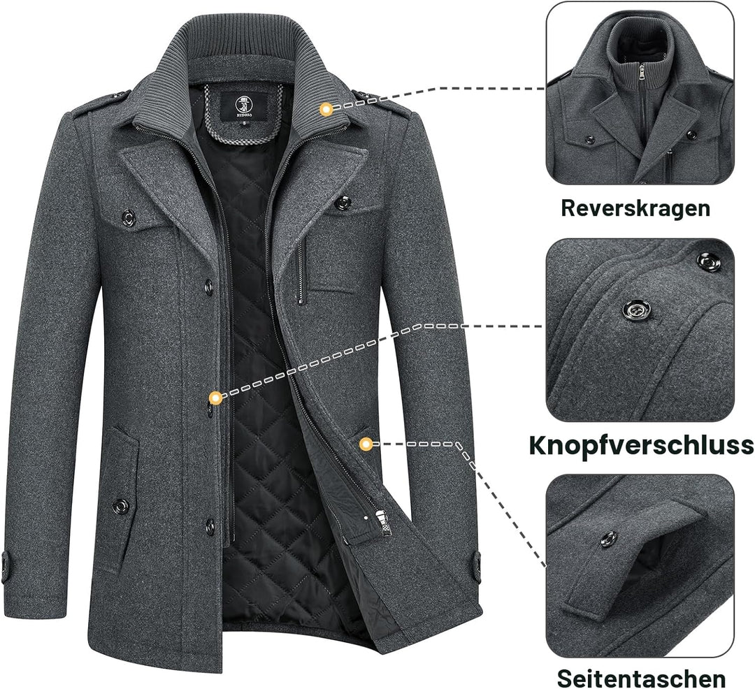 KUDORO Herren Wintermantel Wolle Kurzmantel Herren Wollmantel Mittellang Slim Fit für Business Freiz