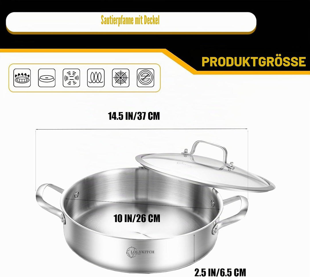 LOLYKITCH Schmorpfanne 26 cm Hoher Rand, Schmortopf mit Deckel 2.5 L, Edelstahl Unbeschichtet, Pfann