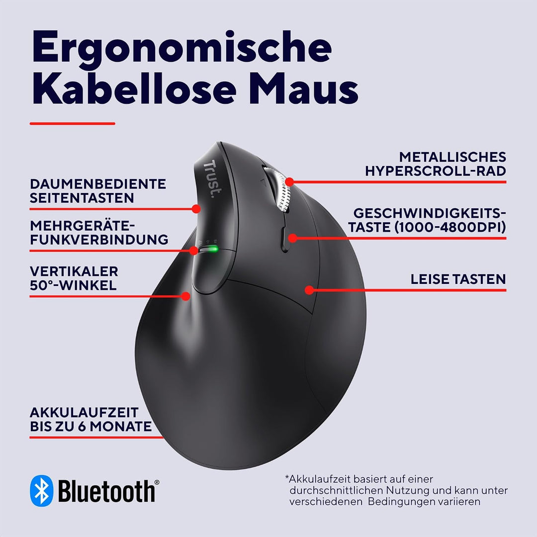 Trust Vyran Kabellose Ergonomische Maus Ultraschnelles Scrollrad, Schwarz | Horizontales Scrollen, B