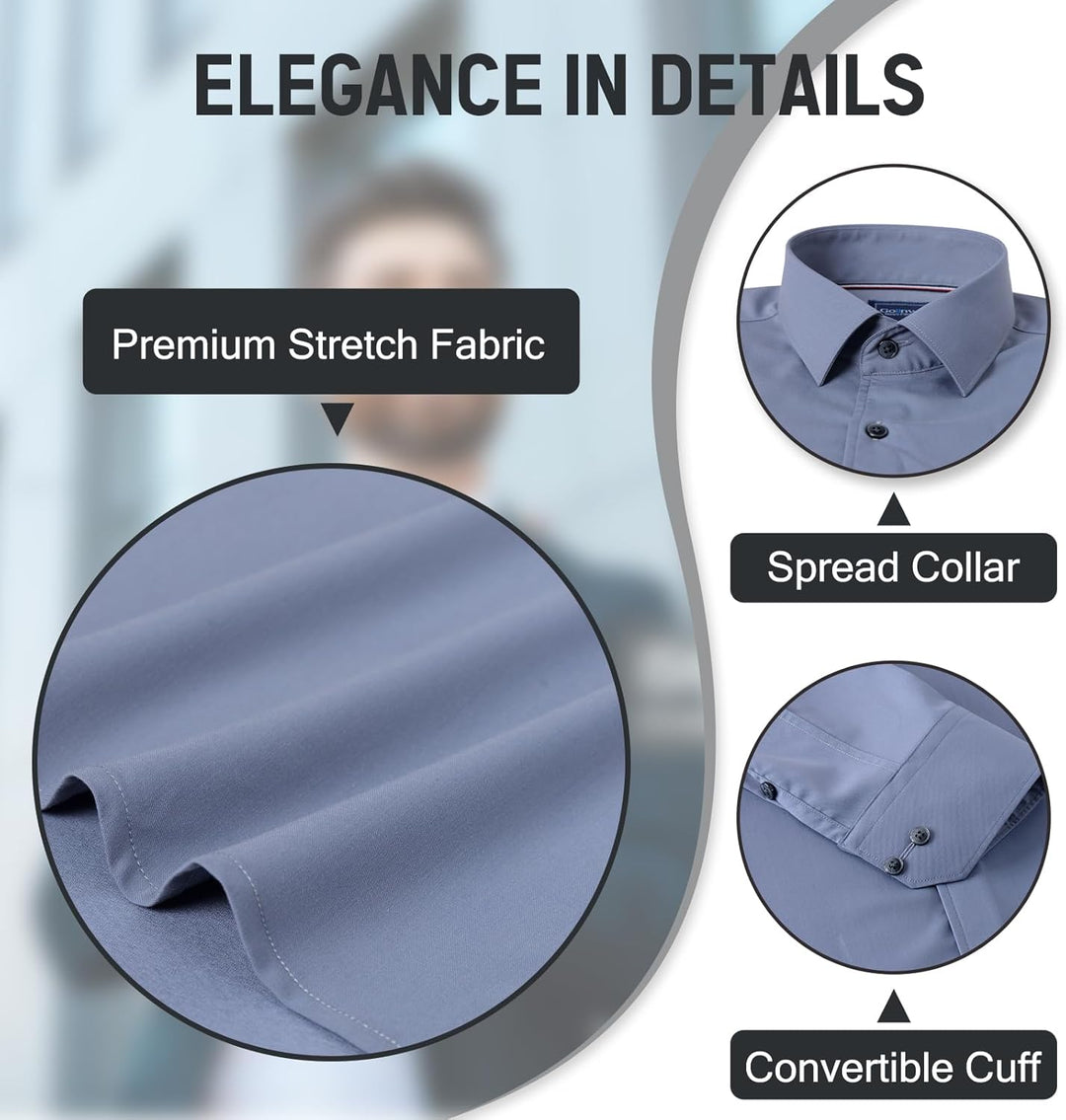Gollnwe Herren Stretch Bambus Bügelfreies Kleid Shirt Langarm Einfarbig mit umwandelbarer Manschette