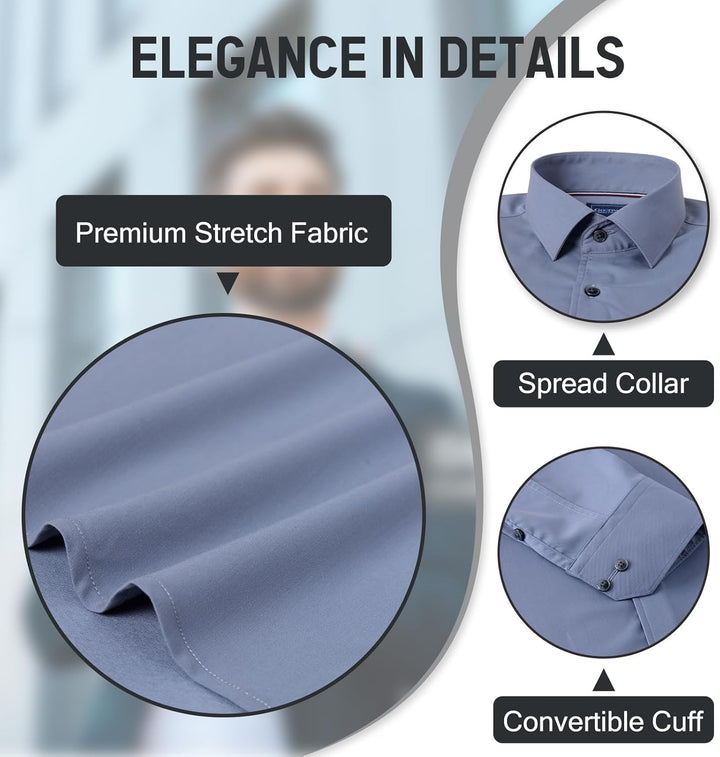 Gollnwe Herren Stretch Bambus Bügelfreies Kleid Shirt Langarm Einfarbig mit umwandelbarer Manschette