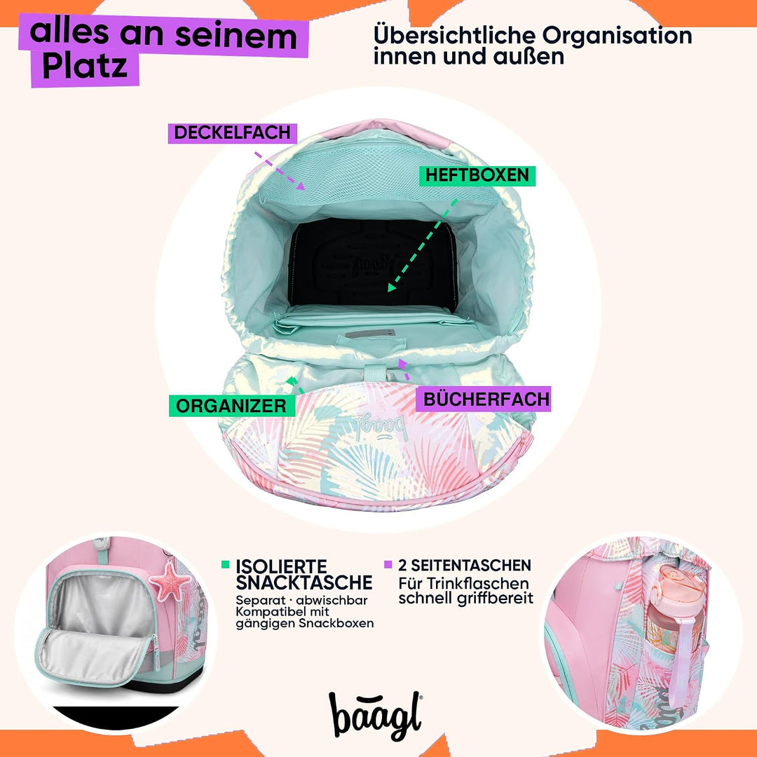 Baagl Airy Plus Schulranzen-Set 5-teilig, 25 l, ab 130 cm (Sunset) | Isoliertes Snackfach; Magnetver