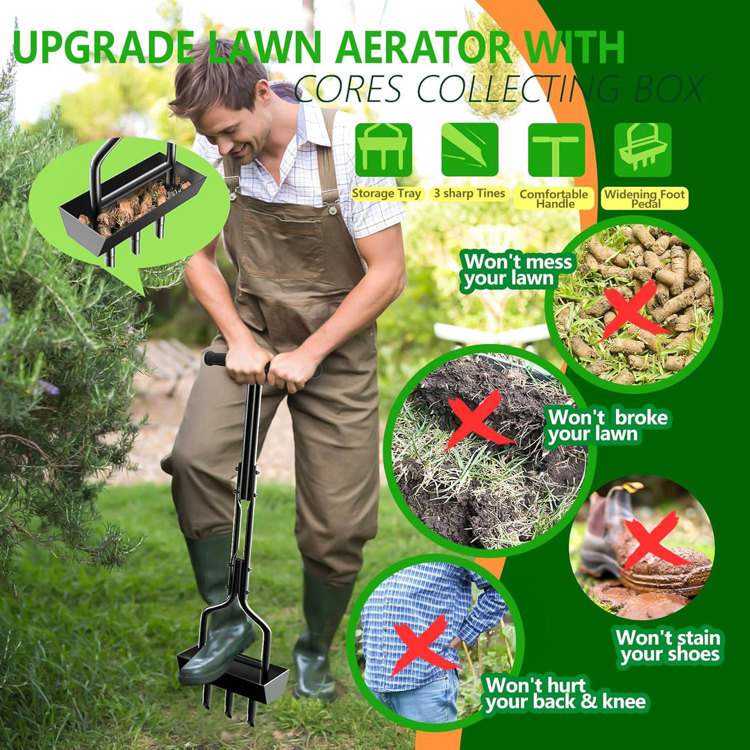 EEIEER Rasenlüfter, Aerifizierer für Rasen Hohlspoon mit Ablageschale und Gartengeräten, T-Griff Ras