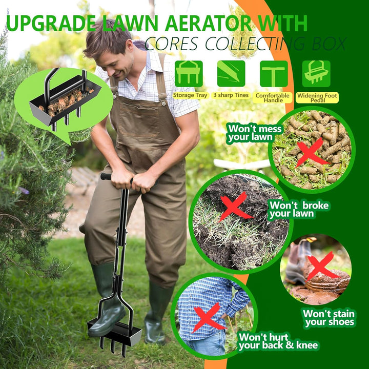 EEIEER Rasenlüfter, Aerifizierer für Rasen Hohlspoon mit Ablageschale und Gartengeräten, T-Griff Ras