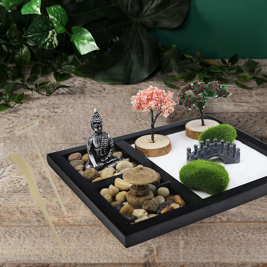 porlik Japanischer Zen-Garten für den Schreibtisch, Mini-Zen-Garten mit Sand, künstliche Bonsai-Baum