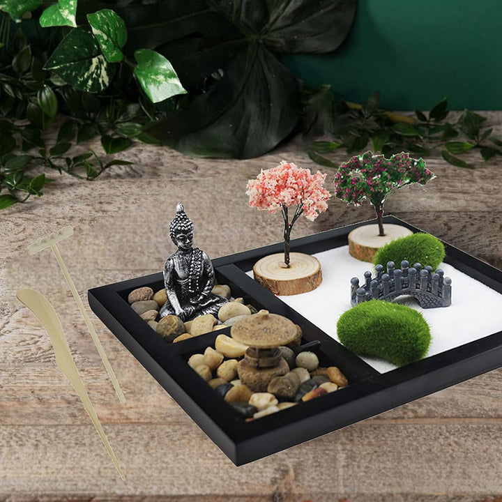 porlik Japanischer Zen-Garten für den Schreibtisch, Mini-Zen-Garten mit Sand, künstliche Bonsai-Baum