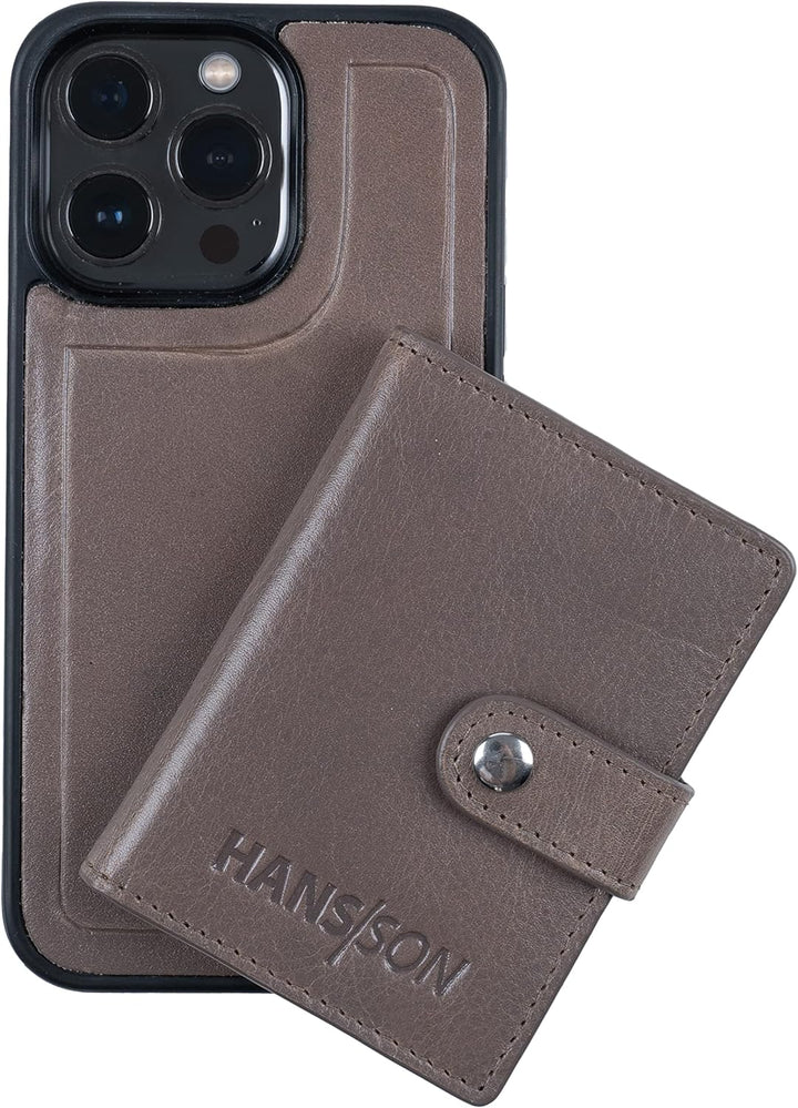 HANS/SON Handyhülle aus Echtleder mit Kartenfach | Für iPhone 13 Pro | Graues Ledercase mit Kreditka