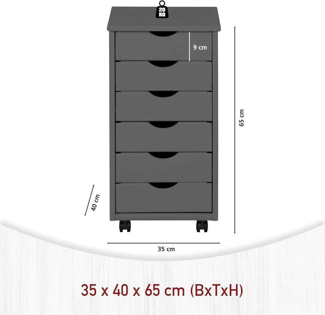 Inter Link Rollcontainer mit 6 Schubladen – Bürocontainer auf Rollen – Massivholz Kiefer Grau lackie