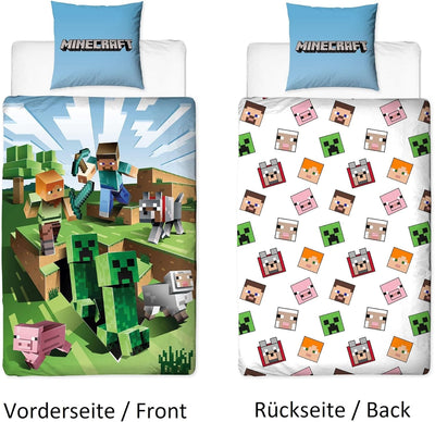 Character World Wende Bettwäsche-Set Minecraft, 135x200cm + 80x80cm, 100% Baumwolle, grün Motiv Craf