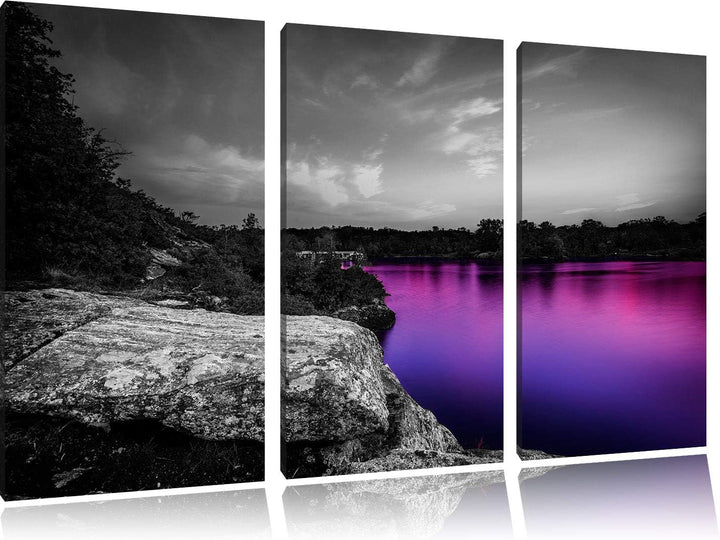 Seelandschaft in der Dämmerung schwarz/weiss 3-Teiler Leinwandbild 120x80 Bild auf Leinwand, XXL rie