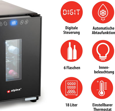 alpina Weinkühlschrank 18L - Weinkühler für 6 Flaschen - Flaschenkühler 230V - Temperatur Regelbar v