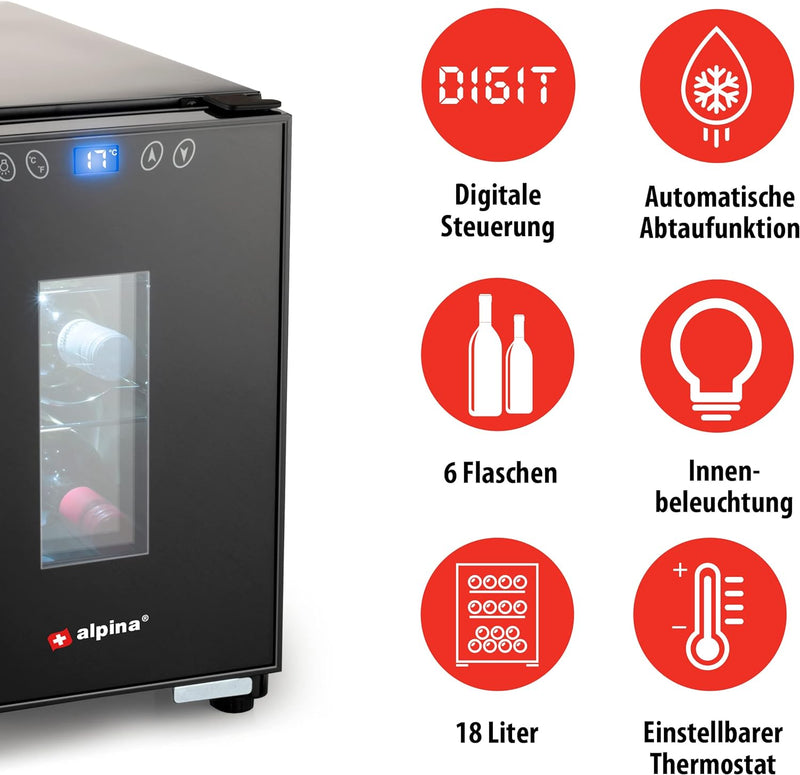 alpina Weinkühlschrank 18L - Weinkühler für 6 Flaschen - Flaschenkühler 230V - Temperatur Regelbar v
