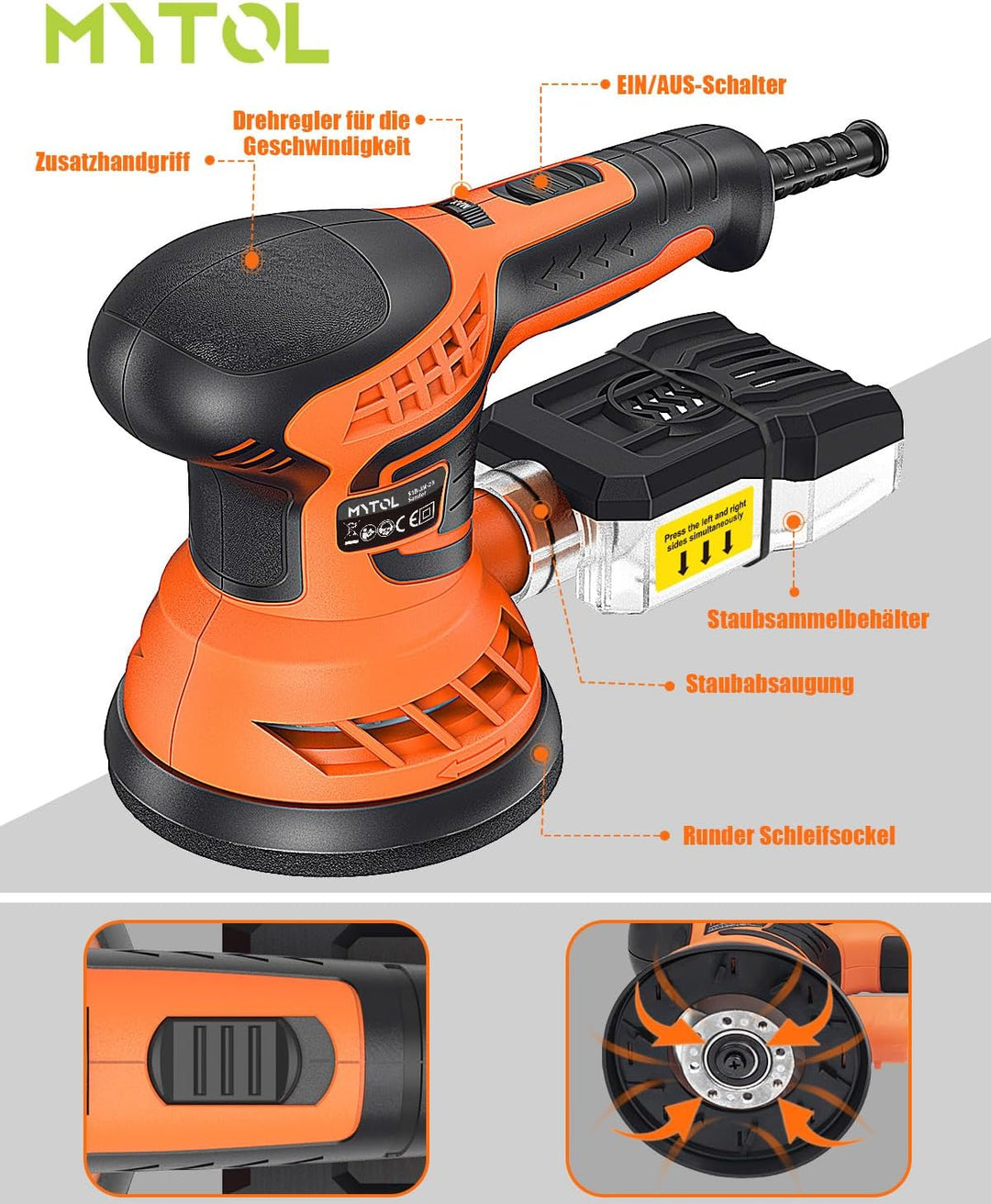 Exzenterschleifer 125mm 350W mit Staubabsaugung | 7-stufig variable Geschwindigkeit 6000-13000 U/min