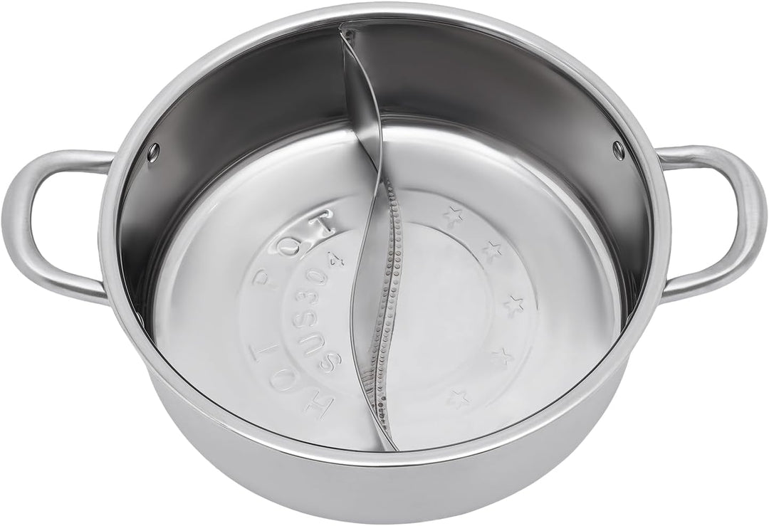 Hot Pot, 304 Edelstahl Shabu Shabu Hot Pot mit Trennwand & Deckel aus gehärtetem Glasfür Induktionsk