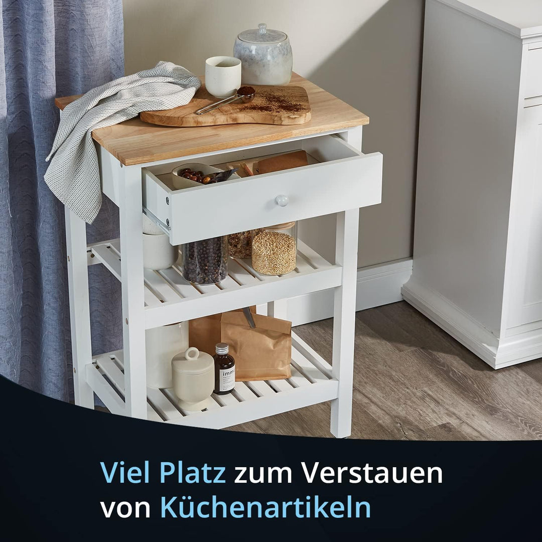 KHG Servierwagen Küchenwagen auf Rollen in Weiss rechteckig, Arbeitsplatte aus Massivholz, 1 Schubla