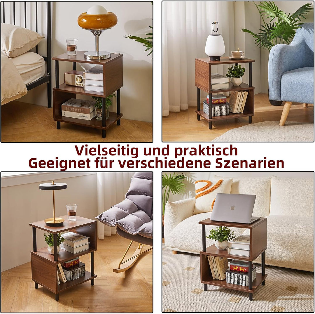 Aibiju Beistelltisch, Nachttisch mit 3 Ablagen, offenes Fach, Couchtisch, für Schlafzimmer, Wohnzimm