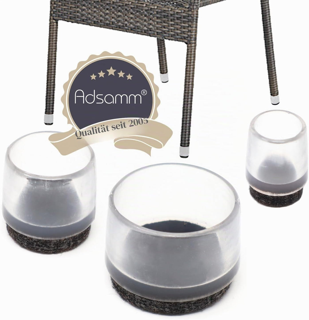 Adsamm® / 32 x Stuhlbeinkappen mit Filz / Transparent / Ø 15 - 16 mm / rund / Filz-Möbelgleiter für