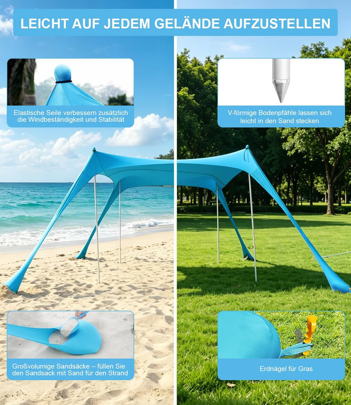 UPF50+ Strandzelt 3m x 3m, Schatten Zelt Strandmuschel Beachmit Sandschaufel & Erdnägeln und 4 Stütz