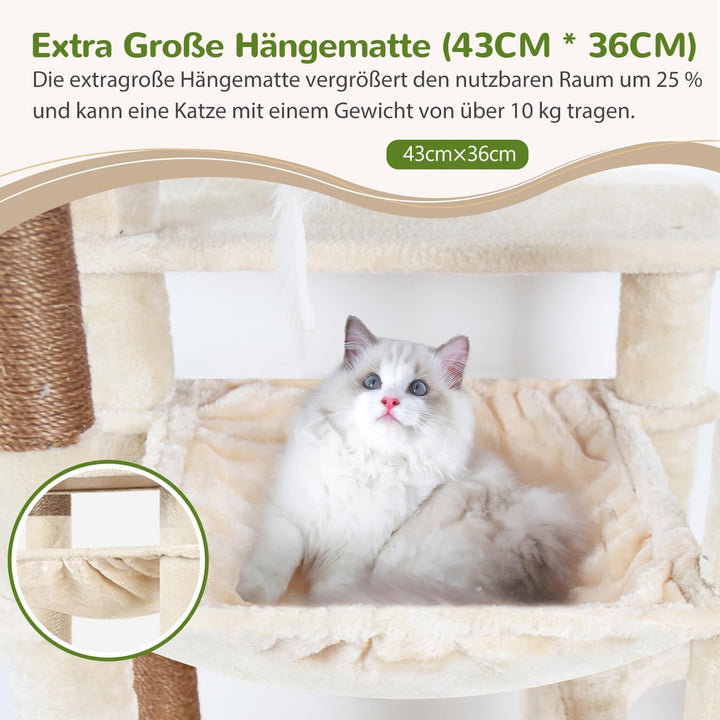 Globlazer Kratzbaum Beige Grosse hoch 178 cm mit Grosser Hängematte 43 * 36CM, 2 Katzenhaus, Gepolst