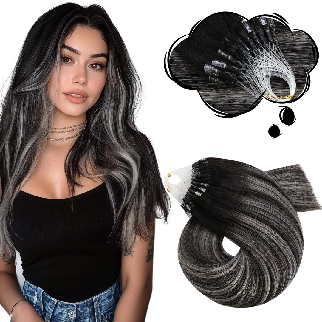 Moresoo Microring Extensions Echthaar Schwarz Silber 60 cm Micro Loop Extensions Echthaar Dicke Haar