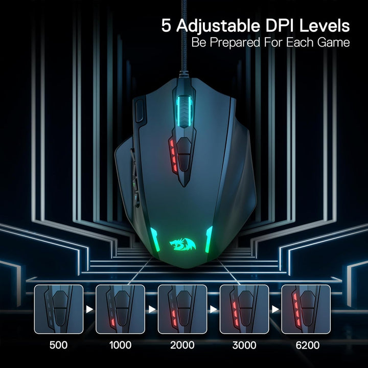 Redragon M908 Impact RGB LED MMO Maus USB Laser Gaming Maus mit 12400dpi, Hohe Präzision, 20 program