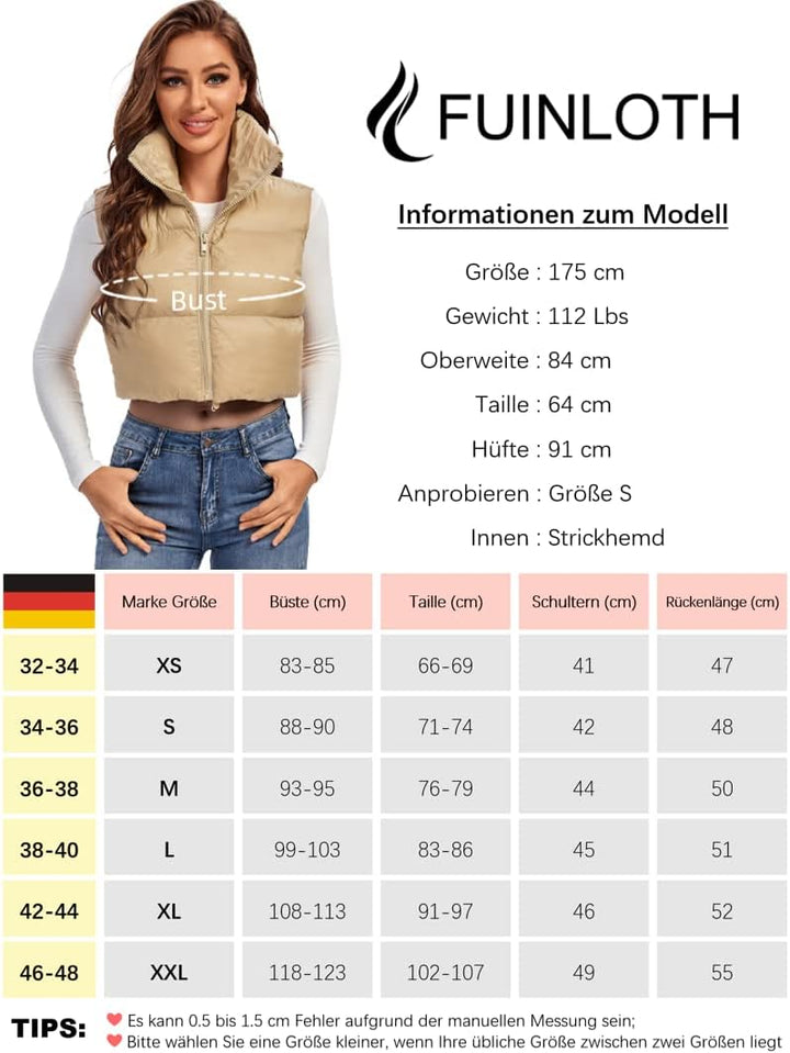 fuinloth Damen Weste Kurz Stehkragen Steppweste Warm Winter Crop Puffer Weste mit Reissverschluss Är