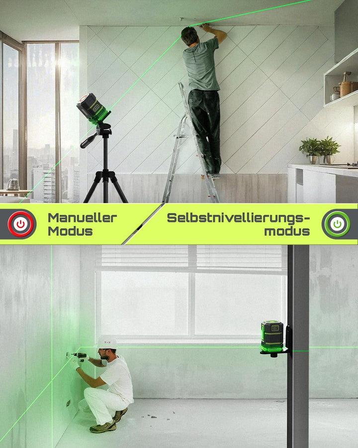 LASGOO Grüner Laser Nivellierlaser, 360° Horizontal-Laser mit Vertikal-Laserlinie, 4 Helligkeitsstuf