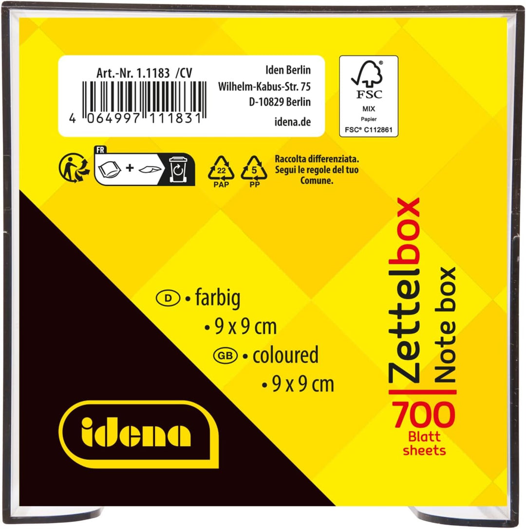 Idena 11183 - Zettelbox, transparent, 9 x 9 x 8 cm, inkl. 700 Blatt Zettelblock, FSC-Mix Papier in 4