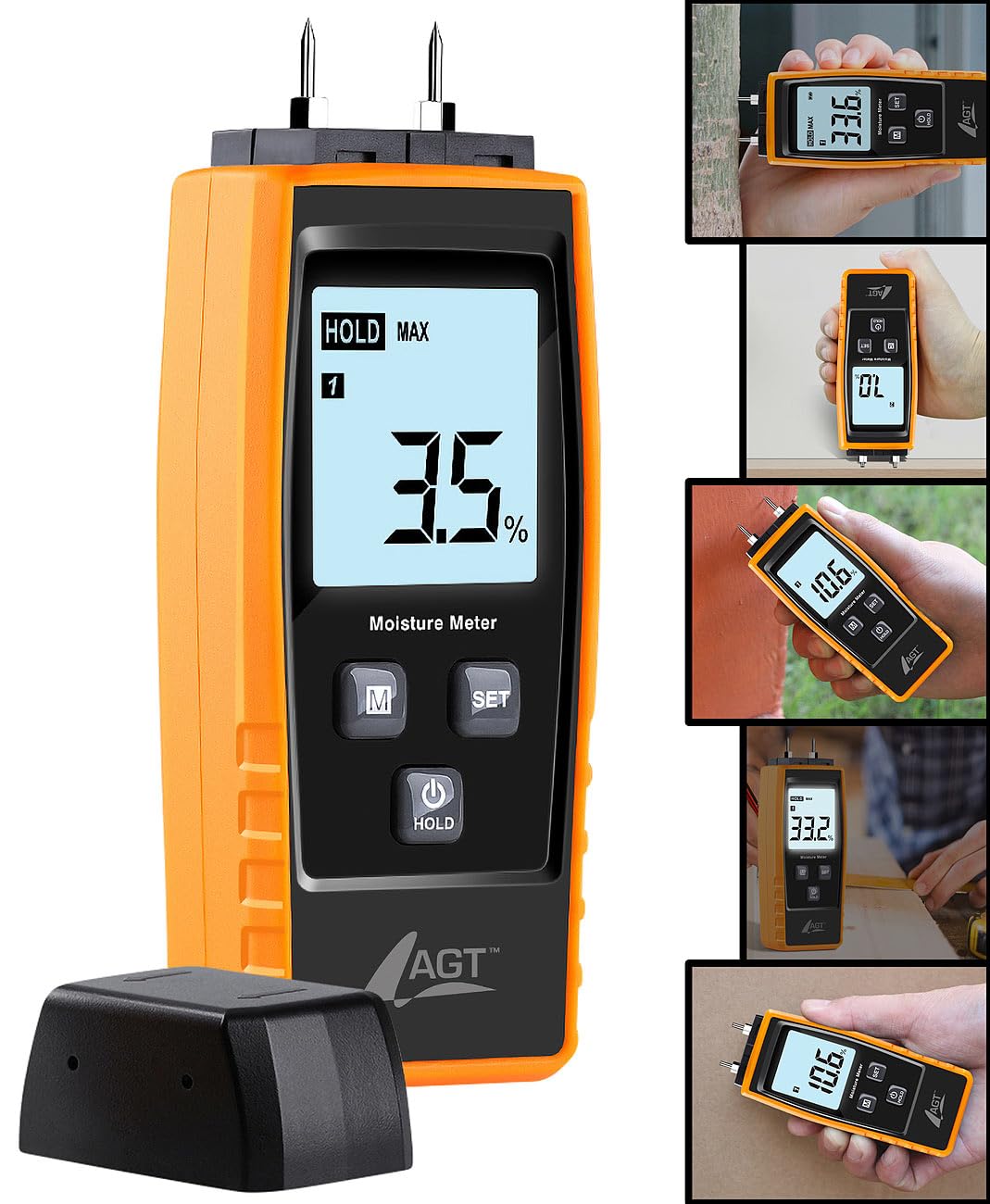 AGT Feuchtigkeitsmessgerät: Mobiler 4in1-Feuchtigkeitsdetektor, Batterie-Betrieb, LCD-Display (Holzf