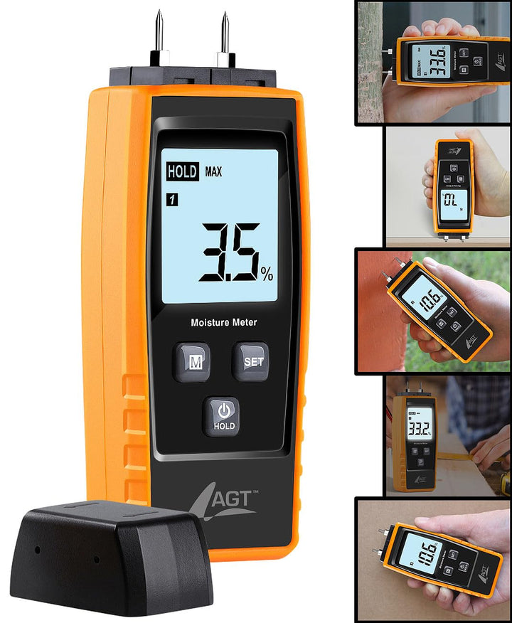 AGT Feuchtigkeitsmessgerät: Mobiler 4in1-Feuchtigkeitsdetektor, Batterie-Betrieb, LCD-Display (Holzf
