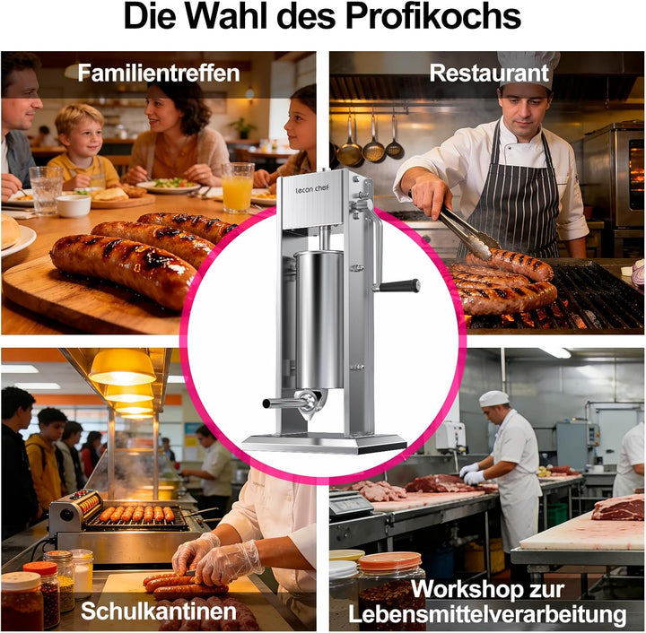 Wurstfüller 5L Manuell, Edelstahl Wurstfüllmaschine mit 2-Gang-Getriebe und 4 Füllrohren, Vertikale