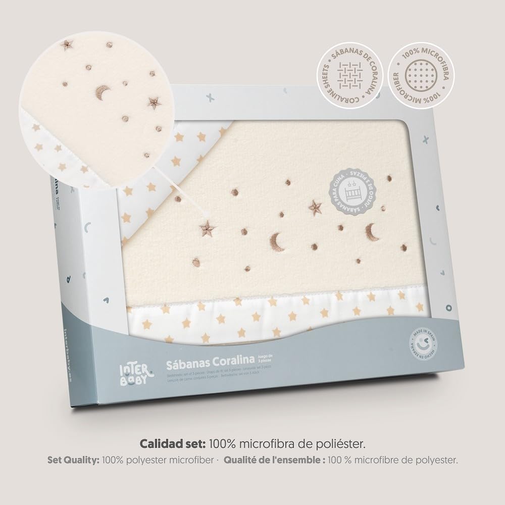 Interbaby Underzy Bettwäsche-Set, 100% Polyester, Mond, Beige, 60 x 120 cm, Spannbetttuch, Bettlaken