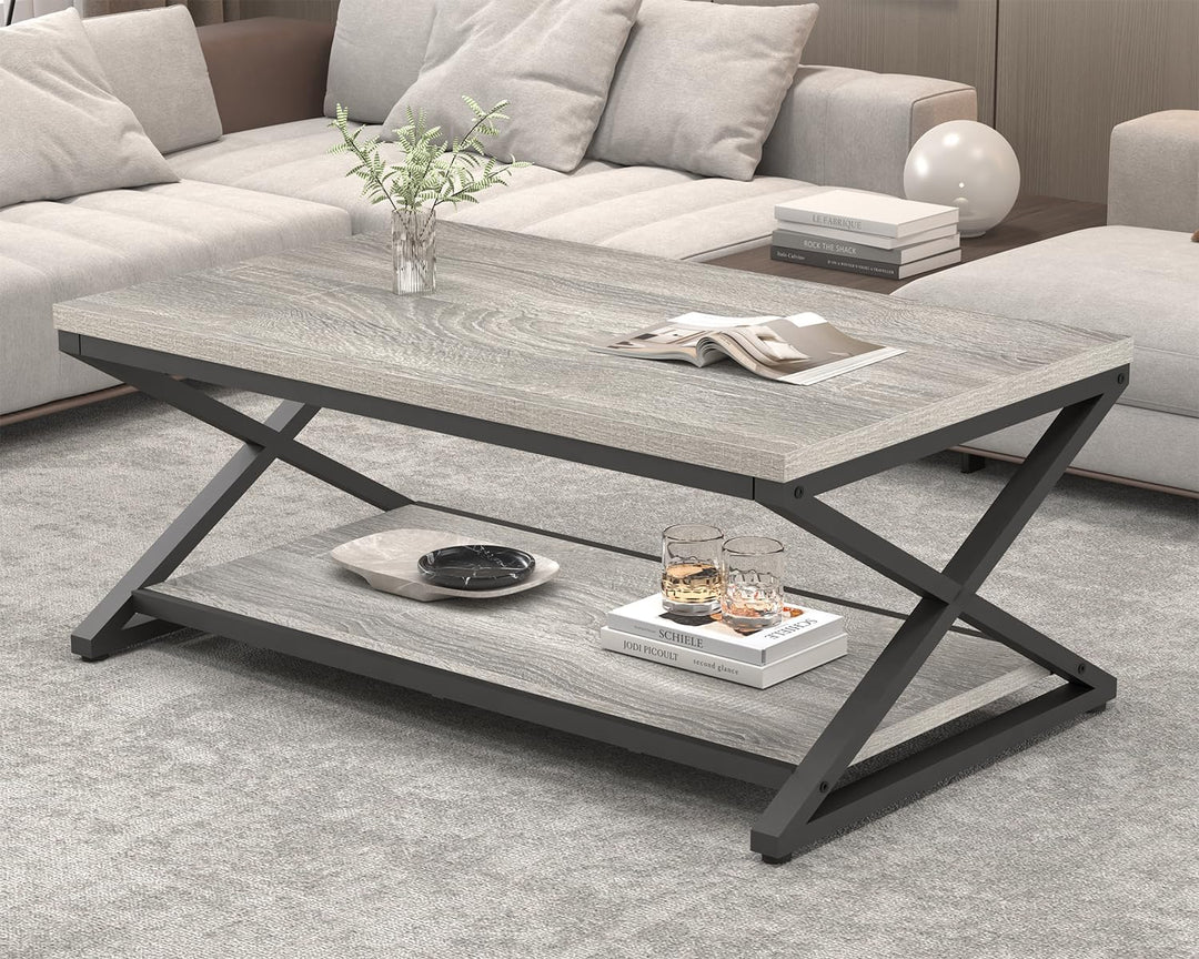 HSH Couchtisch mit Stauraum Grau Wohnzimmertisch Industrielles Holz und Metall Teetisch Rechteckiger