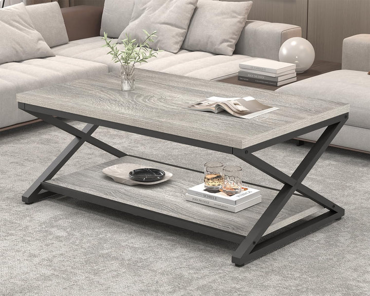 HSH Couchtisch mit Stauraum Grau Wohnzimmertisch Industrielles Holz und Metall Teetisch Rechteckiger