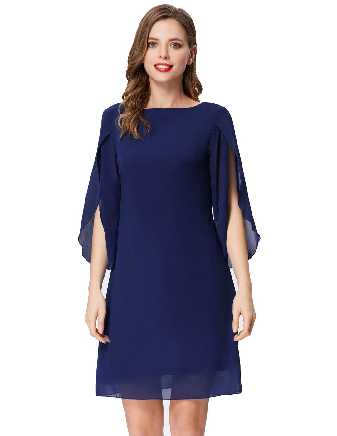 GRACE KARIN Damen Kleid Elegant Chiffon Kleid 3/4 Ärmel Loose Abend Cocktailkleid, XL Navyblau