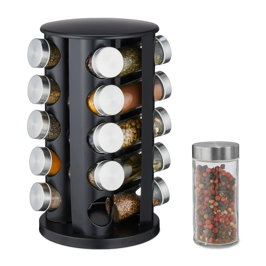 Relaxdays Gewürzkarussell, 20 Gewürzgläser, 80ml, mit Streueinsatz, drehbar, nachfüllbare Gewürzbar,