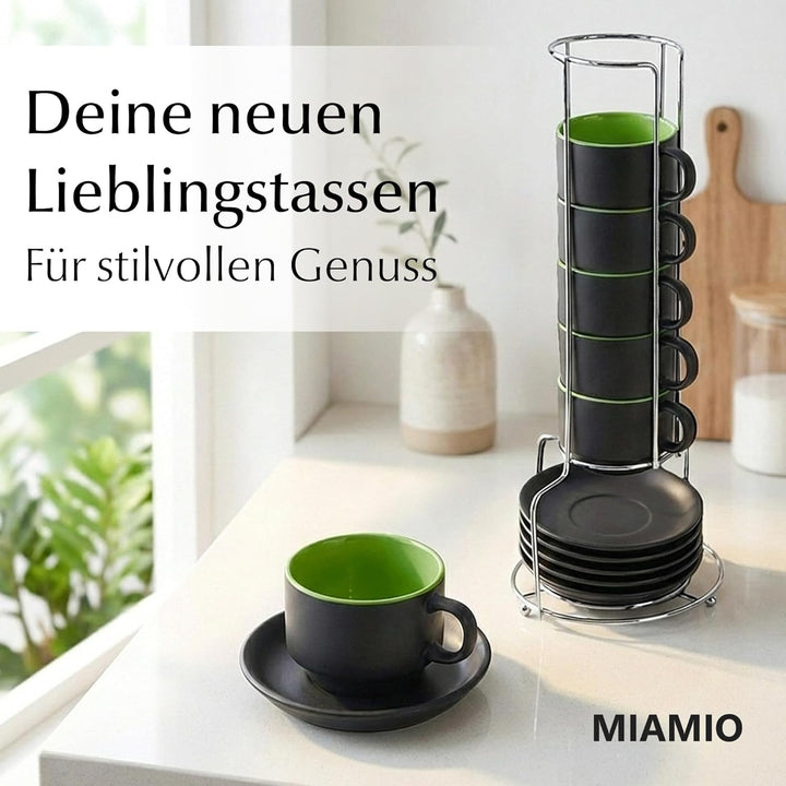 MIAMIO - 6 x 75 ml Espressotassen Set/Espresso Tassen Set mit Untertasse & Ständer - Kaffeetassen Se