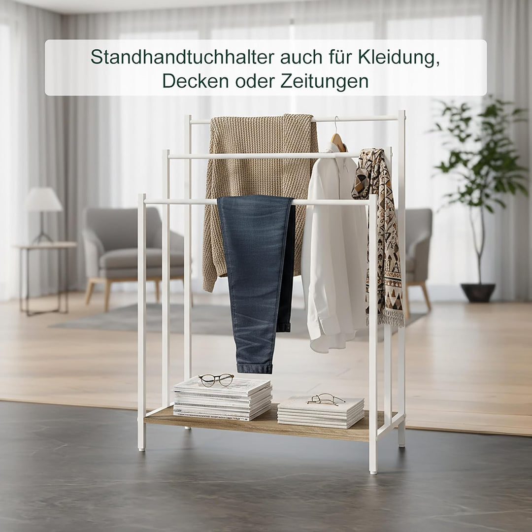 Relaxdays Handtuchständer mit Ablage, HxBxT: 81 x 60 x 28 cm, Holzoptik, 3 Stangen, stehender Handtu
